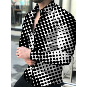 Luxury Shirts New 2026 Mens Shirts Fashion Lapel Button Casual Polka Dot Print Long Sleeve Cardigan Clothes Prom Party Shirts