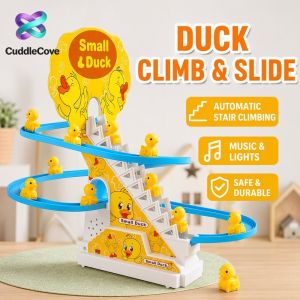 Electric Little Yellow Duck Stair Climbing Track Toy With Light Music Cute Cartoon Slide For Kids Toddlers Educational Gift