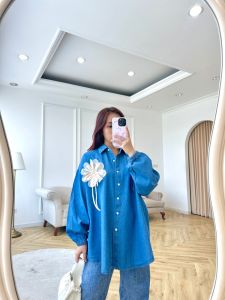NANDO ATASAN KEMEJA OVERSIZED DENIM BKK BORDIR BUNGA TANGAN KARET KEMNA JUMBO FASHIONABLE