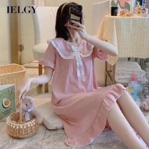 IELGY Nightdress ยาวฉบับภาษาเกาหลี Ins ชุดนอนฤดูร้อนผู้หญิงแขนสั้นบริการบ้านกระโปรงบาง