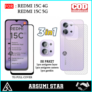 Paket Hemat 3in1 Tempered Glass REDMI 15C 4G 5G Free Skin Camera Protector + Garskin Carbon 3D