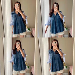 SJM KEMEJA DENIM KOMBINASI KATUN SALUR IMPORT LENGAN 3/4 SNOW BLUE 2540