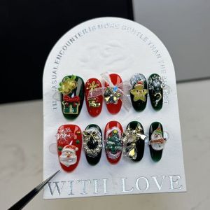 【HANDMADE+Free Glue】Medium Oval Press on Nails Christmas Bow Santa Claus Merry Christmas Artificial Nail Phototherapy Fake Nail Patch Nails Reusable