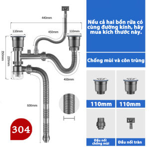 Cống Thoát Nước Bồn Rửa Nhà Bếp Phụ Kiện Khe Đôi Kích Thước Phổ Thông Cống Thoát Nước Bồn Rửa Chén 1 Ngăn Inox 304