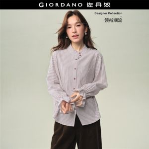 Giordano Women Striped ruffle band collar long sleeve shirt Free Shipping 18346910