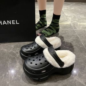 Free Shipping Winter Plush-Lined Clogs With Detachable Parts For Women Autumn And Winter High-Heeled Cute Student Non-Slip Cotton Slippers With Plush Lining