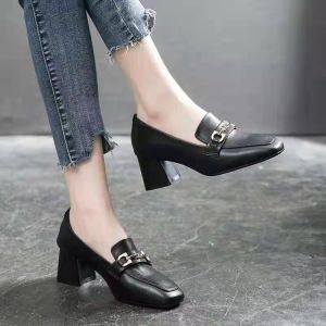 Free Shipping Autumn-Style Soft Leather Loafers New Women’S Shoes Versatile Chunky-Heeled High Heels Comfortable Shoes For Mothers Leather Shoes
