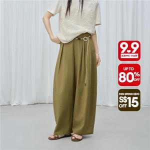 Giordano Women High waist pleated wide leg pants Free Shipping 18416510