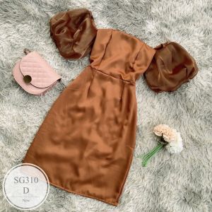 SG310  เดรสเกาะอกออกงานแขนพองผ้าแก้ว ผ้าซาร่าเนื้อเงา งานซิปหลังใส่สม็อกหลัง ทรงสวยๆคร่า ใส่งานแต่ง เพื่อนเจ้าสาว ใส่ดินเนอร์