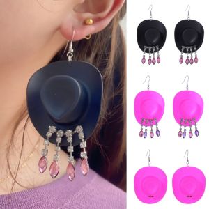 Rhinestone Fringe Cowboy Hat Earrings Ear Drops Hook Earring for Women Girl Cowboy Hats Charm Dangle Earring