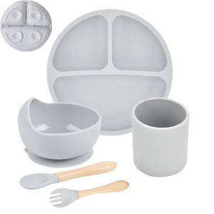 5P Baby Silicone Tableware Set Lid Divided Plate With Suction Bowls Straw Cup Wood Spoon Fork for Toddler Feeding Training Plate h260612