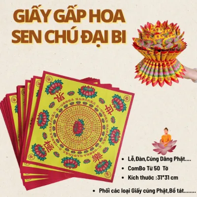 [Combo 100 Tờ ]Giấy Gấp Hoa Sen Chú Đại BịKinh Bông Sen 21cm[dâng PhậtBồ tátGiấy phối ..] nền vàng