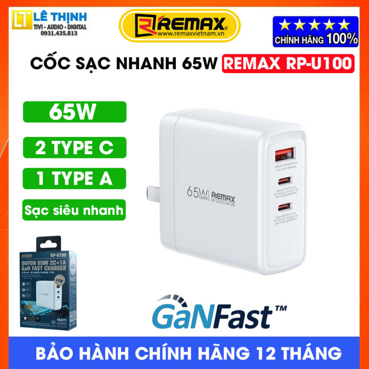 Cốc sạc Nhanh 3 Cổng GaN 65W Remax RP-U100, Củ sạc nhanh Remax RP-U100 ...