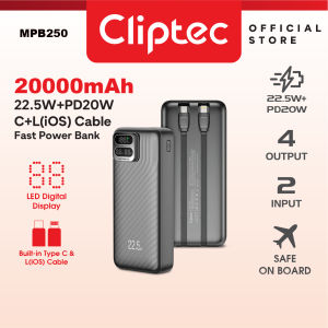 CLiPtec MPB250 High-Capacity 20000mAh Power Bank | 22.5W Fast Charge + PD20W | Universal Charger with Built-in Lightning & Type‑C Cable for iPhone Samsung Xiaomi Tablet