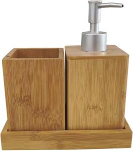 Ipetboom Bathroom Accessory Set Bamboo Material Toothbrush Holder Soap Dispenser Pump Reusable Shampoo Bottle