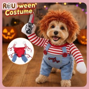 Dog Halloween Costume Funny Standing Outfit Chucky Style Cosplay Pet Clothes With Hat