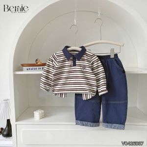 Set bộ dài tay bé trai áo polo họa tiết kẻ thêu Dog phối quần dài denim 11 tới 28kg BERNIE V0426B37