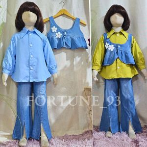 Stelan cargo jins anak perempuan import korean style celana jins cutbray usia 3 - 12 tahun set terbaru 2024 anak perempuan set anak tangung jumbo oversize crop top set kuromi anak perempuan set labubu anak perempuan - COD