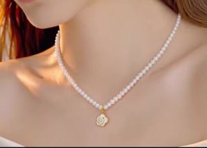 Viviann Original sterling silver Elegant Pearl Choker Necklace for Women Camellia Flower Pendant 925 Sterling Silver 14K Gold Plated White Pearl Beaded Fashion Jewelry Gift
