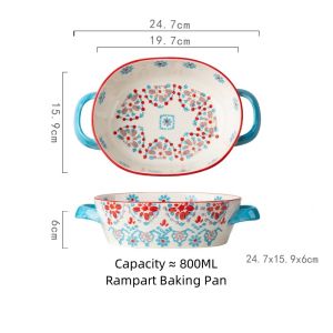 OMK American hand-painted Oval Ceramic Baking Pan Salad bowl with handle Oven dish