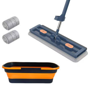 【DAILY ESSENTIAL】 Hands-Free Flat Mop with Foldable Bucket Set/42cm Wide Mop Head/No Installation Needed