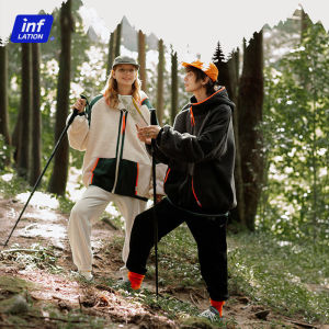 INFLATION brand 2023 winter new men thickened lamb velvet contrast color high-neck hooded zipper loose and comfortable boy jacket