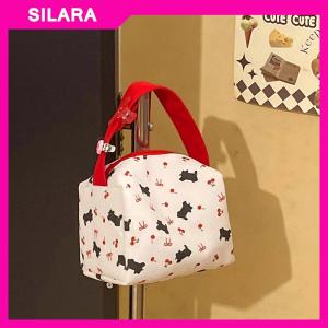 SILARA Cute Black Cat Cherry Bow Print Handheld Cosmetic Bag High Capacity Travel Portable Sundries Storage Bag Fashion Makeup Bag Gift