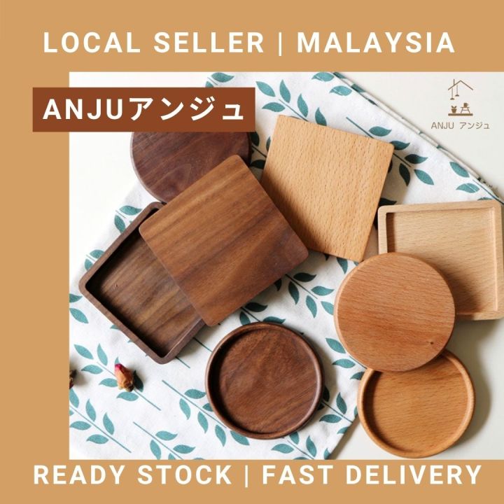 ANJU アンジュ Wooden Coaster/ Plate Beech Black Walnut Wood Coaster Retro Insulation Cup Tray 【Ready Stock🔥】 Lazada