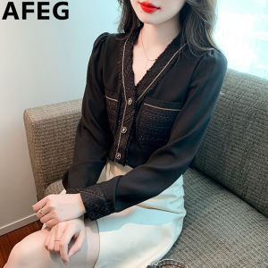 AFEG solid color Korean version V-neck fashion loose temperament chiffon long-sleeved blouse