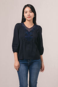 RIMINI - Atasan Dewasa Blouse Casual Bordir Depan XS-XL - Romee Neck Top 85812