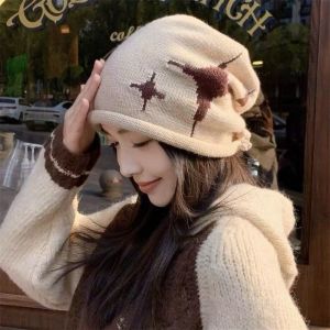 AODDO Mẫu sao Mũ len đan Dày hơn Chống gió Mũ che đầu Thời trang Chống lạnh Mũ len có dây rút Phụ nữ