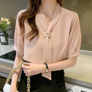 Womens Simple Solid Color Chiffon Ribbon V-Neck Short Sleeve Blouse