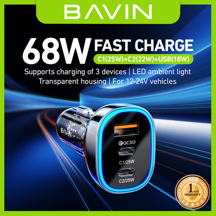 BAVIN PC978 68W 25W 18W PD Fast Charging USB C Car Charger W 3 Fast Charge Ports QC 3 0