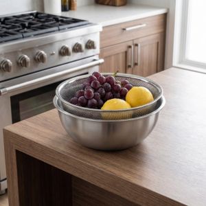 LINSBAYWU Mesh Vegetable Drain Basket Double Layer Stainless Steel Vegetable Fruit Strainer Food Organizer Efficient Cleaning Food Storage Container Household