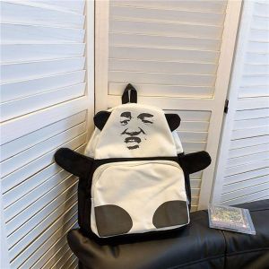 KUIBIW จุได้มาก กระเป๋าเป้มีมแพนด้า ผ้าใบแคนวาส สีดำสีขาว กระเป๋าเป้นักเรียน สร้างสรรค์และสร้างสรรค์ การเดินทางการเดินทาง กระเป๋าโรงเรียนกระเป๋า สำหรับผู้หญิง