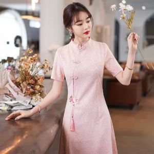 daidai (Ready Stock) Woman CNY Modern Cheongsam Red White Pink Dress Formal Dinner Dress Qipao Clothing 复古国风改良旗袍年轻款女裙子