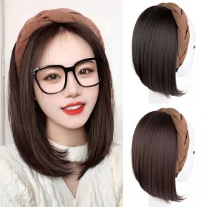 STARGOODS สไตล์เกาหลีแบบ วิกผมสังเคราะห์แบบคาดศีรษะ ชิ้นผม ห่วงรัดผม ผมบ๊อบสั้นตรง ไฟเบอร์ทนความร้อน ธรรมชาติตามธรรมชาติ วิกผมครึ่งศีรษะ สำหรับผู้หญิง