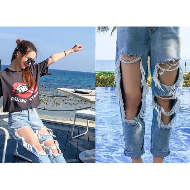 ❒◇❁Plus Size Big Holes Ripped Jeans For Women High Waist Boyfriend Jeans  Distressed Destroyed Jeans Women Street Rock