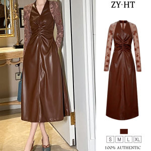 ZYHT EraVogue เดรสผู้หญิง เดรสสีน้ำตาล เดรสทรงเอ เดรสผ้าหนัง เดรสทำงาน เดรสไฮโซ เดรสวินเทจ เดรสออกงาน เดรสปาร์ตี้ ชุดราตรี 21498