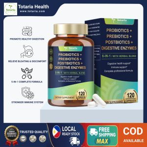 Totaria 5-in-1 60 Billion CFU Probiotic Prebiotic & Postbiotic for Women & Men with Digestive Enzymes Slippery Elm Daily Complete Gut Health Digestive & Immune Support 4 Month Supply Vegan