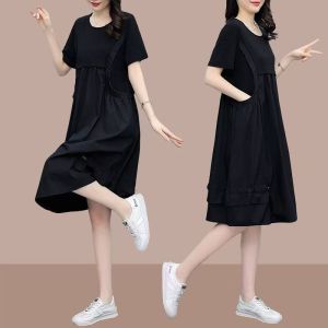 100KG Fat Girl Can Wear Loose Dresses Women New Version Korean Style Foreign Flavour age reduction Patchwork Short Sleeve Lady Fake Two Piece Dress