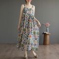 PM✿ Summer loose floral suspender dress women retro vacation mid-length dress. 