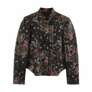 Women Casual Floral Print Fitted Jacket Women Stand Collar Long Sleeve Button Peplum Outerwear Lady Fashion Autumn Party Coat2026