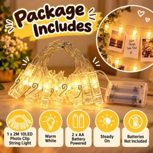 2M 10LED LED Photo Clip Fairy String Lights Battery Powered Warm White Photo Wall Hanging Bedroom Birthday Party Decor