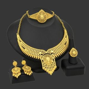 PTK52 4PCS Gold Plated Indian Bridal Jewelry Sets Luxury Necklace/Earrings/Bracelet/Ring Women Necklace Set Beauty Durable Dubai Earrings Set Arabic Wedding