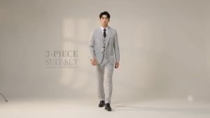 Mens Light Grey 3 Piece Suit Korean Slim Fit Blazer Vest Pants with Free Black Tie Graduation Wedding Guest Formal Wear S-6XL