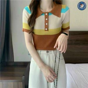 💥[A149] Áo len thun Montoghi dệt kim HÀNG KHUY CỔ phối màu KEM kiểu đơn giản thanh lịch - L2M