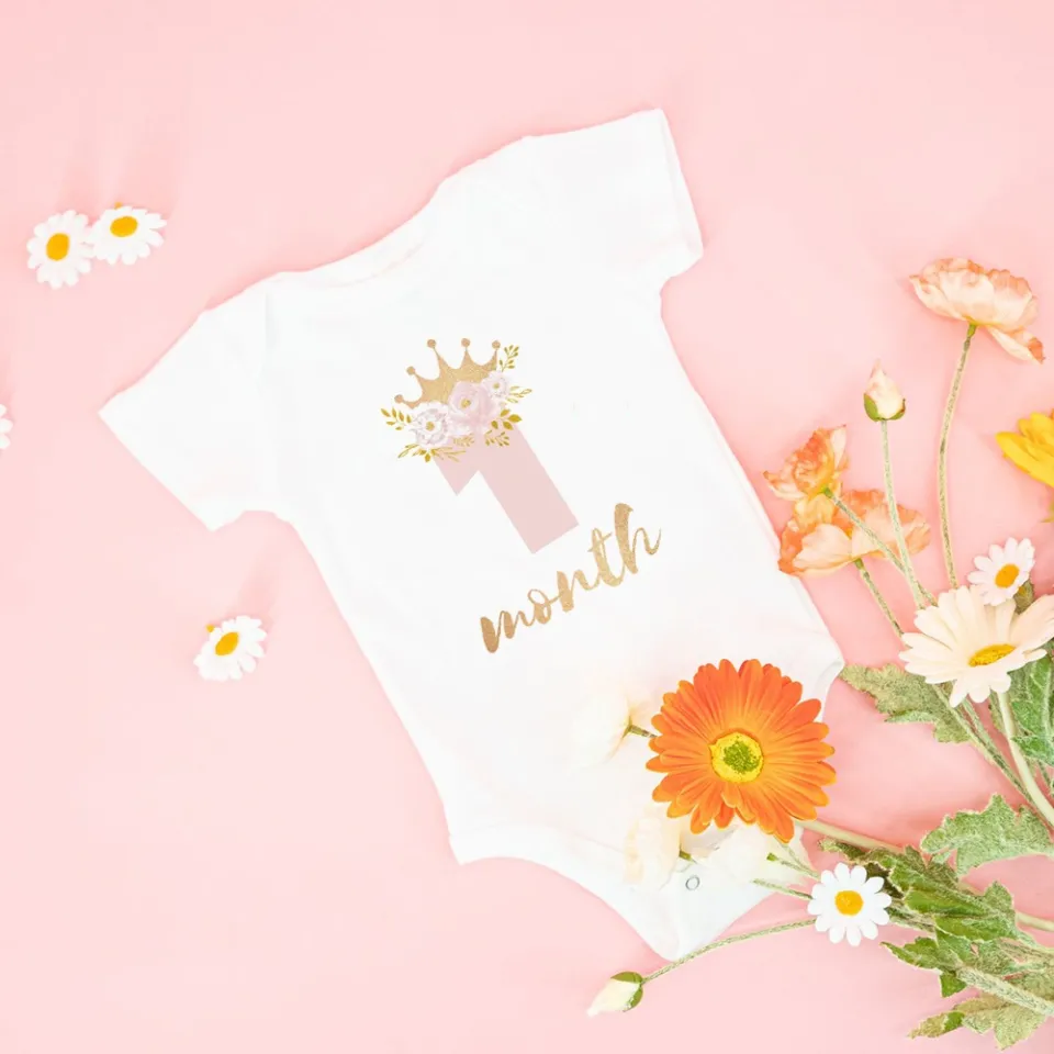 Blush and Gold Floral Princess Monthly Onesie Babys Needs Newborn