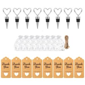 8Pcs Heart Shape Bottle Stopper with Organza Drawstring Pouches Hanging Label For Wedding Bridals Shower Birthday Party