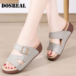 DOSReal Xăng đan đế xuồng Cho Phụ Nữ Hàn Quốc mới bằng da thật phong cách Phụ Nữ Dép đế bằng kích thước lớn 35-42 tăng chiều cao Womens Dép Giày lười nữ Dép đế bằng Dép